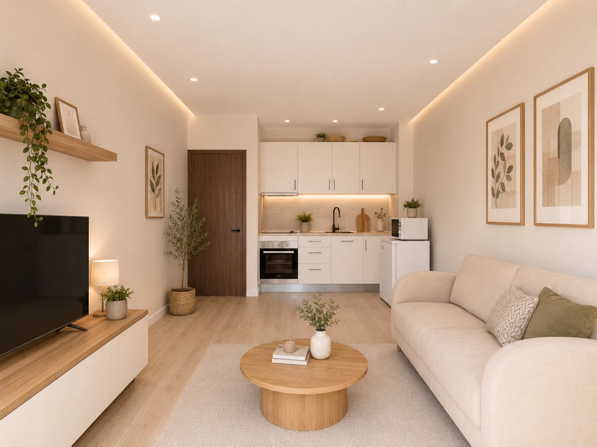 Potencial da sala e cozinha em open-space depois de renovada (imagem gerada por inteligência artificial)