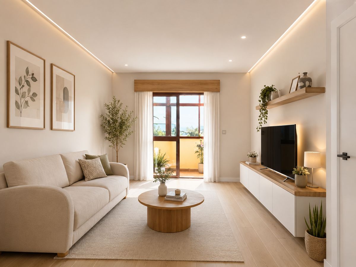 Potencial da sala com acesso à marquise depois de renovada (imagem gerada por inteligência artificial)